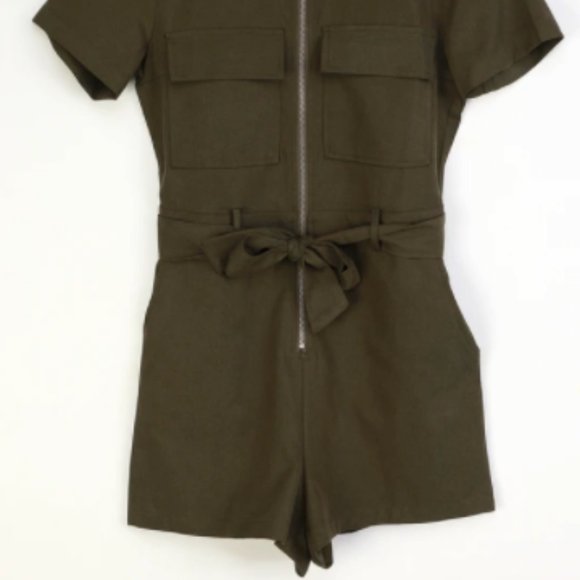Olive Green Zip-Front Utility Romper - Picture 2 of 5